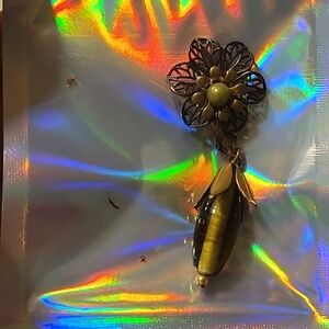 Focal Handmade Charm W/ Green Glass Bead, Bronze Gold Tones in Holographic Pouch